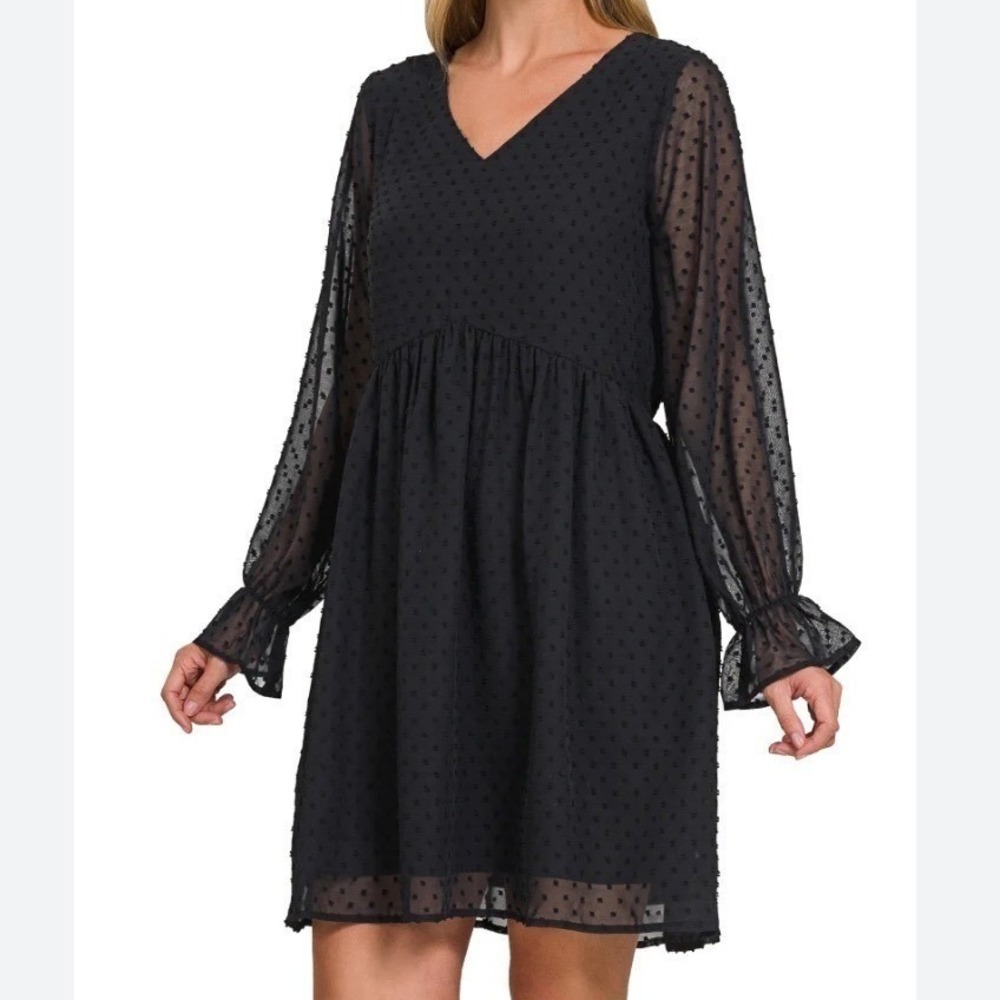 ZENANA Black XLarge Swiss Dot Babydoll V Neck Dress Long Sleeve